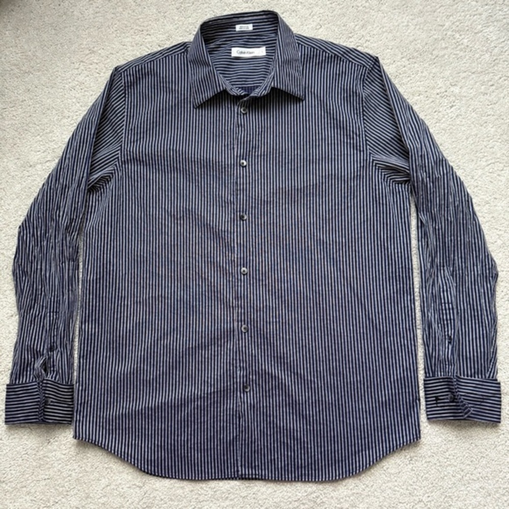 Calvin Klein Men's Purple Striped Button Down Shirt Sz L